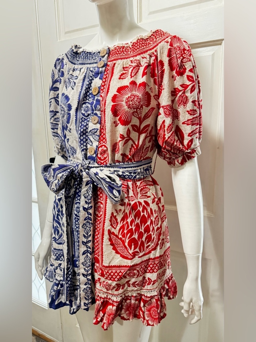 Farm Rio Mixed Pineapple Garden Mini Dress Sz S Red Blue Linen Blend Tie Waist - Picture 3 of 12